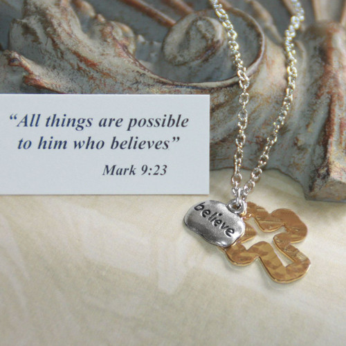 IN-531  Hammered Cross Believe Necklace