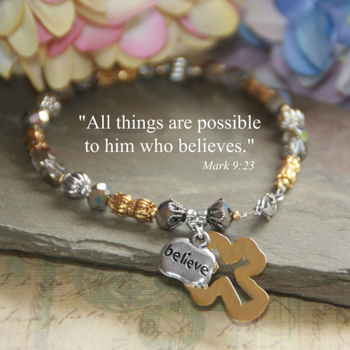 IN-372  Hammered cross Believe Bracelet