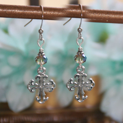 IN-63  Lace style Rhodium Cross Earrings