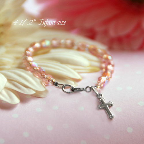 CJ-430  Infant Beautiful Pink Crystals and Rhodium Cross Bracelet 4 1/2"