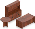 Offices To Go Layout SL-21, Bow Front Desk & Credenza with Hutch and Round Table