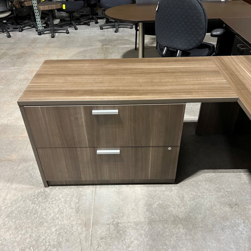 Pre-Owned Grey/Brown Laminate L-Shape Bow-Front Desk, Left Handed