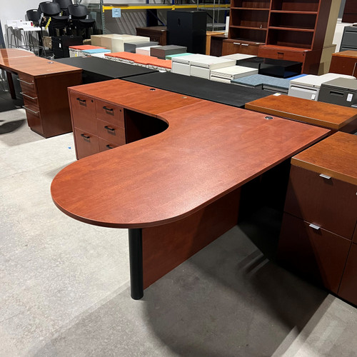 Pre-Owned Cherryman Cherry Laminate, Left Handed L-Shape D-Top Desk 89"D x 71"W