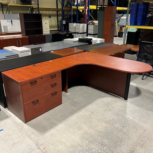 Pre-Owned Cherryman Cherry Laminate, Left Handed L-Shape D-Top Desk 89"D x 71"W