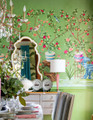 Bel Aire, printed mural wallpaper by Paul Montgomery. Emerald chinoiserie in room.