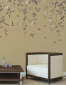 Bonmaison Tan, printed mural wallpaper by Paul Montgomery. Tan chinoiserie in room.