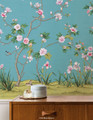 Cheridah, printed mural wallpaper by Paul Montgomery. Aqua chinoiserie in room.