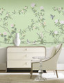 Chanteur Spring, printed mural wallpaper by Paul Montgomery. Spring chinoiserie in room. Chanteur Spring, printed mural wallpaper by Paul Montgomery. Spring chinoiserie in room.