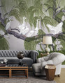 Herons & Willows, printed mural wallpaper by Paul Montgomery. Green and purple modern mural in room.