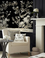 Maysong Black Lacquer, printed mural wallpaper by Paul Montgomery. Black chinoiserie in room.