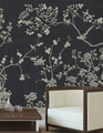 Maysong Charcoal, printed mural wallpaper by Paul Montgomery. Black chinoiserie in room.