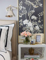 Maysong Charcoal Triptych, printed mural wallpaper by Paul Montgomery. Black chinoiserie in room.