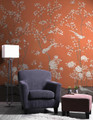 Maysong Paris, printed mural wallpaper by Paul Montgomery. Orange chinoiserie in room.