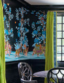 Mughal Procession, printed mural wallpaper by Paul Montgomery. Black chinoiserie in room.