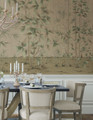 Quiet Forest, printed mural wallpaper by Paul Montgomery. Beige chinoiserie in room.