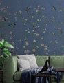 Roses Blue, printed mural wallpaper by Paul Montgomery. Blue chinoiserie in room.