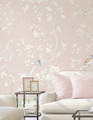 Spring Meadow, printed mural wallpaper by Ariel Okin for Paul Montgomery. Pink chinoiserie in room. Spring Meadow, printed mural wallpaper by Ariel Okin for Paul Montgomery. Pink chinoiserie in room.