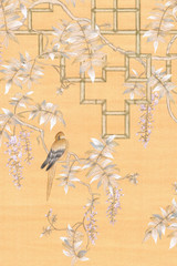 Wisteria Orange, printed mural wallpaper by Paul Montgomery. Detail shot.