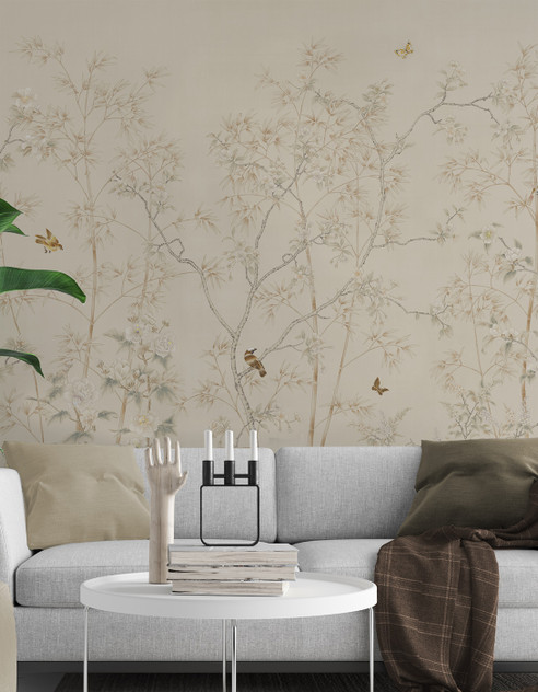 Worthmore Minkish, printed mural wallpaper by Paul Montgomery. Taupe chinoiserie in room.