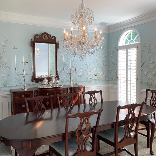 Collingwood, printed mural wallpaper by Paul Montgomery. Powder blue chinoiserie in room.