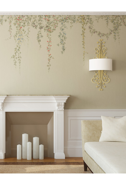 Cascade Florale, printed mural wallpaper by Paul Montgomery. Cream modern mural in room.