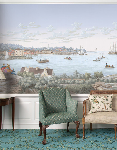 Nantucket printed mural wallpaper by Paul Montgomery. Full color panoramic in room.