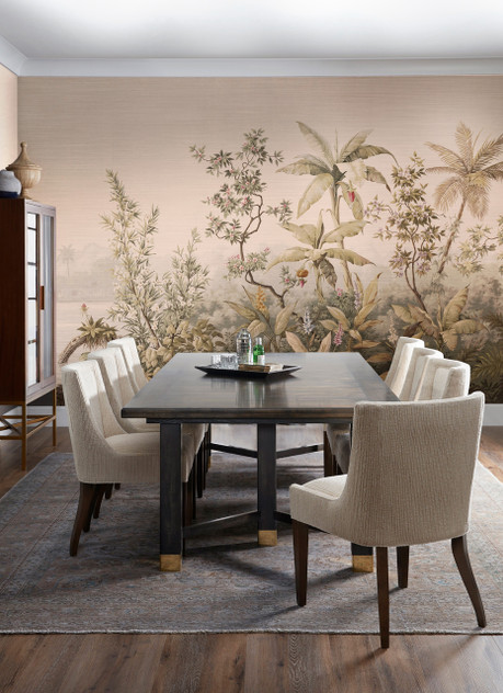 Floridana Silver, printed mural wallpaper by Paul Montgomery. Sepia Color panoramic in room.