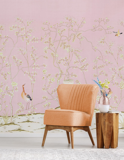 Anastasia, printed mural wallpaper by Paul Montgomery. Blush chinoiserie in room.