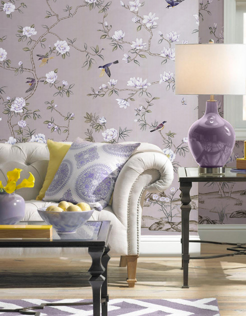 Carolina, printed mural wallpaper by Paul Montgomery. Lavender chinoiserie in room.