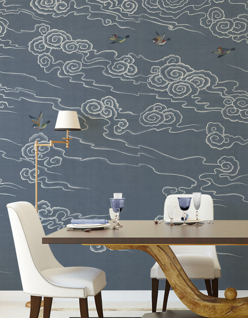 Celeste Blue, printed mural wallpaper by Paul Montgomery. Blue chinoiserie in room.