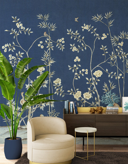 Chai Wan, printed mural wallpaper by Paul Montgomery. Royal chinoiserie in room.