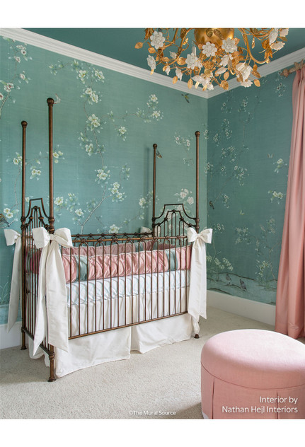 Chanteur Blue, printed mural wallpaper by Paul Montgomery. Blue chinoiserie in room.