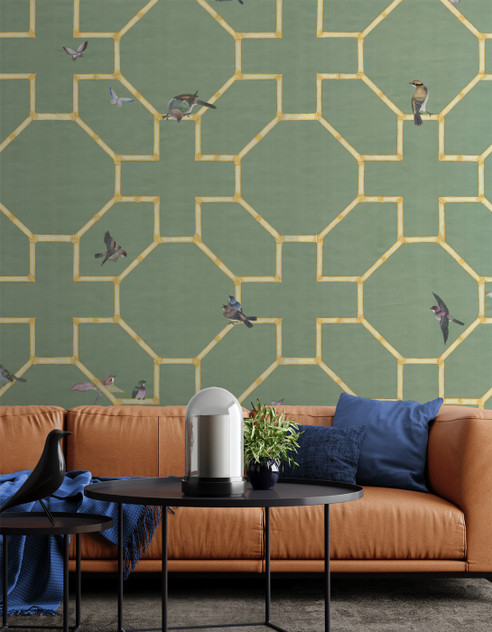 Chinese Trellis, printed mural wallpaper by Paul Montgomery. Green chinoiserie in room.