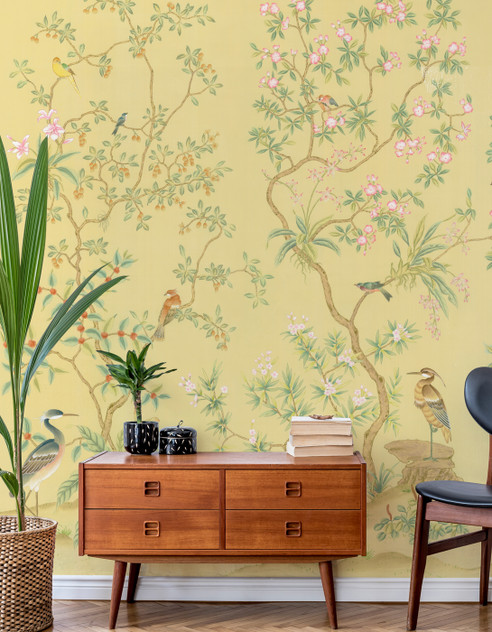 Dania, printed mural wallpaper by Paul Montgomery. Yellow chinoiserie in room.