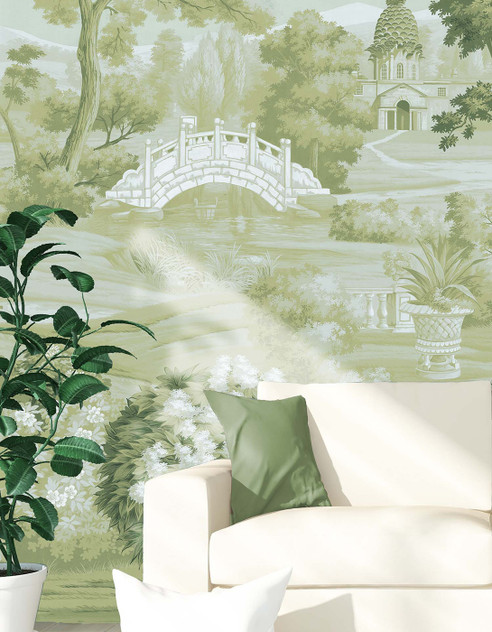 English Garden, printed mural wallpaper by Ariel Okin for Paul Montgomery. Sage panoramic in room.