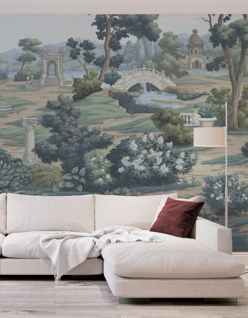 English Parks Color, printed mural wallpaper by Paul Montgomery. Full Color panoramic in room.