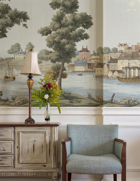 Grand Haven, printed mural wallpaper by Paul Montgomery. Full Color panoramic in room.