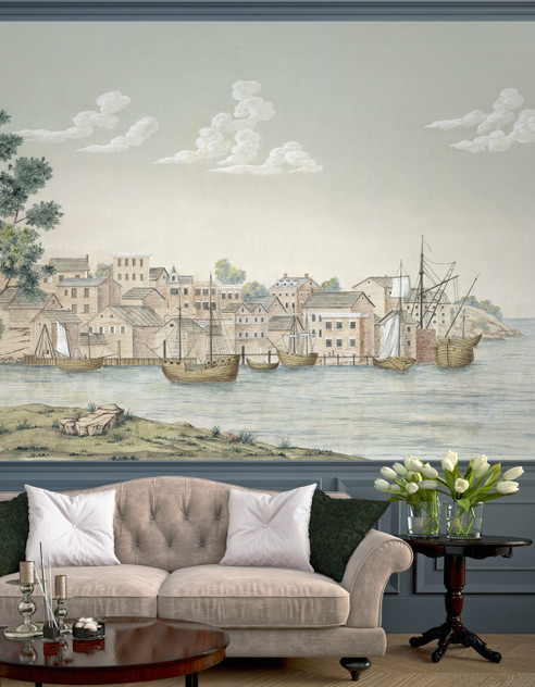 Grand Haven Watercolor, printed mural wallpaper by Paul Montgomery. Full Color panoramic in room.