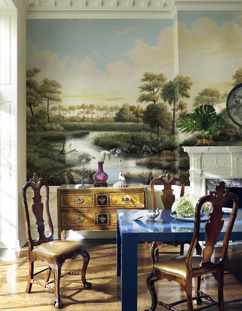 Low Country, printed mural wallpaper by Paul Montgomery. Full Color panoramic in room.
