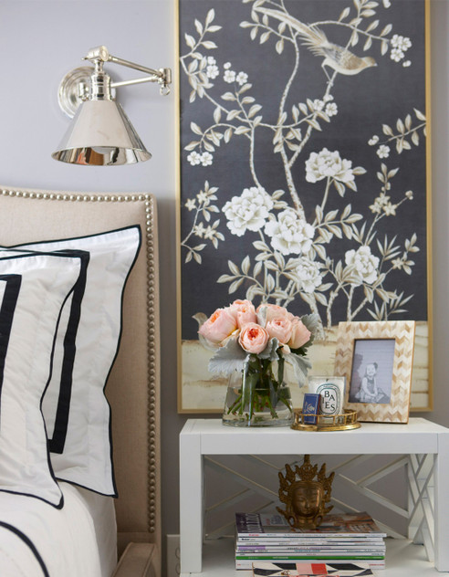 Maysong Charcoal Triptych, printed mural wallpaper by Paul Montgomery. Black chinoiserie in room.