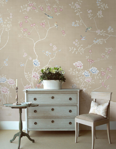 Maysong Pearl, printed mural wallpaper by Paul Montgomery. Beige chinoiserie in room.