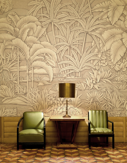 Oasis Sepia, printed mural wallpaper by Paul Montgomery. Sepia modern mural in room.