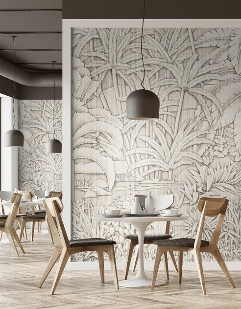 Oasis Taupe Metallic, printed mural wallpaper by Paul Montgomery. Silver modern mural in room.