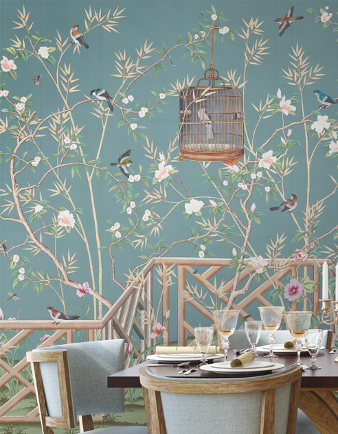 Otley Park, printed mural wallpaper by Paul Montgomery. Aqua chinoiserie in room.