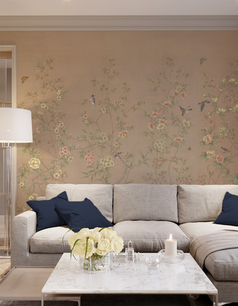 Palace Garden Beige, printed mural wallpaper by Paul Montgomery. Beige chinoiserie in room.