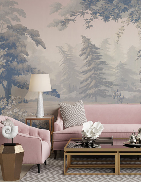 Paradiso Rosa, printed mural wallpaper by Paul Montgomery. Pink panoramic in room.