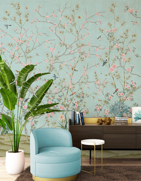 Parc Bonaire, printed mural wallpaper by Paul Montgomery. Light blue chinoiserie in room.