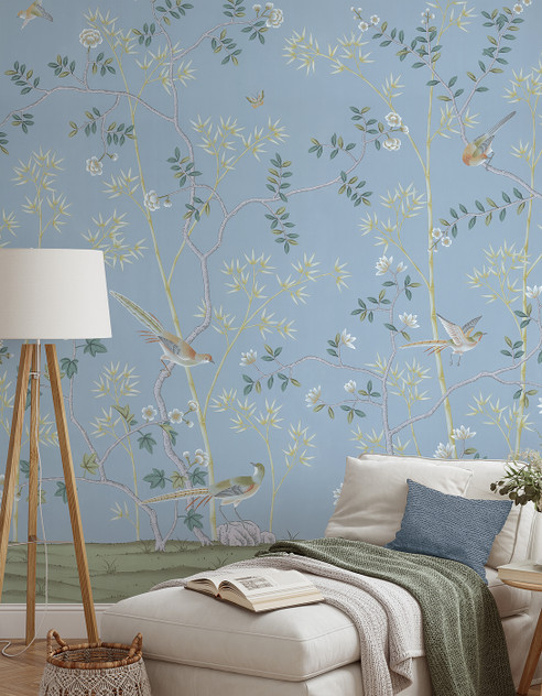 Richwood, printed mural wallpaper by Paul Montgomery. Blue chinoiserie in room.