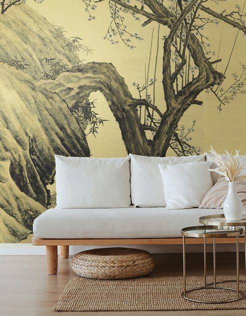 Rock Tree, printed mural wallpaper by Paul Montgomery. Beige mural wallpaper in room.