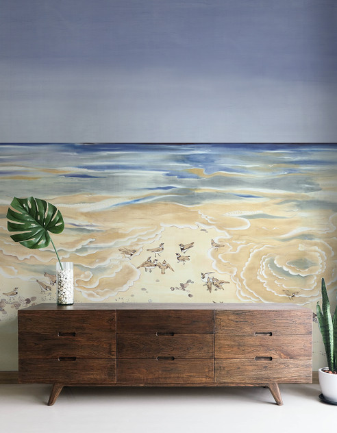 Seashore, printed mural wallpaper by Paul Montgomery. Full color modern mural in room.